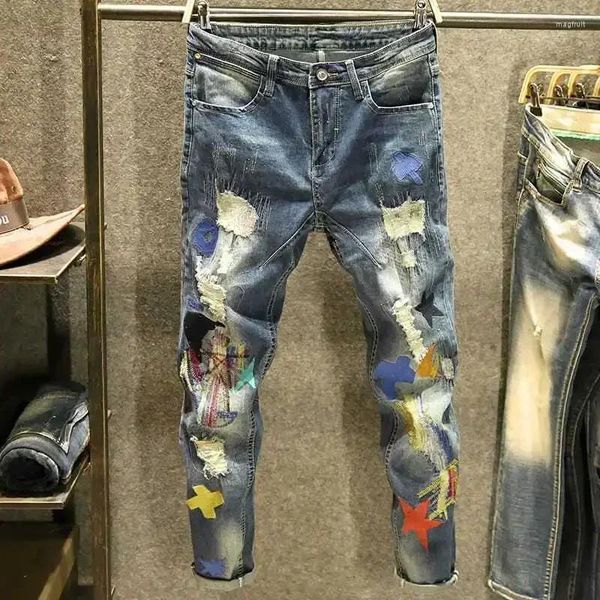 Herrenjeans Grafik Enge Pipe Man Cowboyhose mit Löchern Hose Star Torn Skinny Ripped Broken Slim Fit Koreanischer Stil Soft Xs