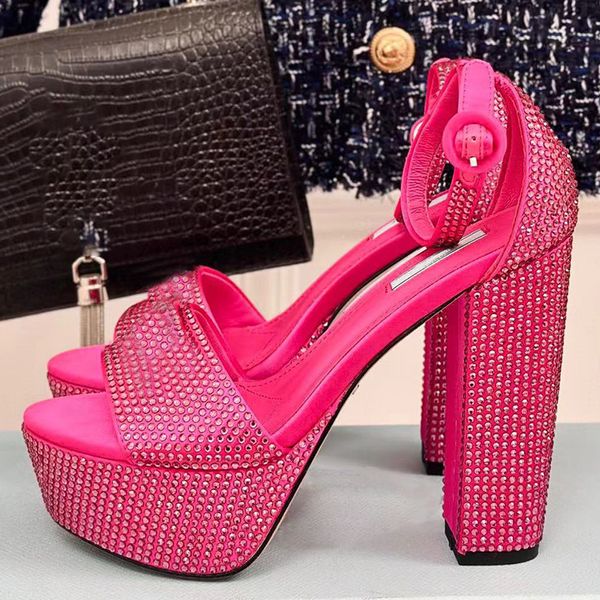 peep toe sandali con tacco alto con plateau da donna runway designer alta qualità decorazione con strass pieno tacco alto vestito da partito femminile sexy sandali con cinturino con fibbia alla caviglia