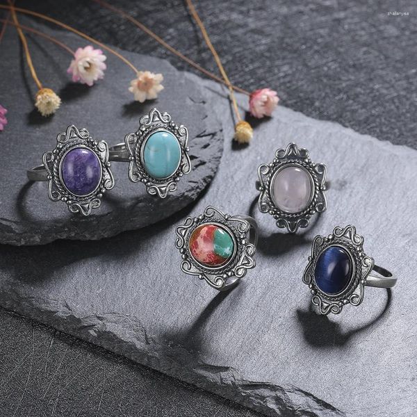 Anelli a grappolo in argento sterling 925 grande ovale naturale con pietra di luna turchese lapis occhio di tigre per uomo donna regali gioielli alla moda