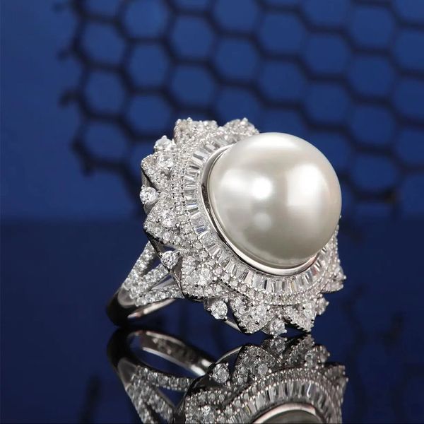 Anello in argento sterling S925 con perla intarsiata, anello da 14 mm, struttura elegante, versatile, per feste in boutique