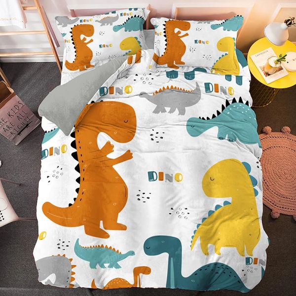 Conjunto de cama de dinossauros de desenho animado (2/3pcs) capa de edredão fofa conjunto com travesseiro único têxteis de cama de tamanho duplo para crianças puras cortinas