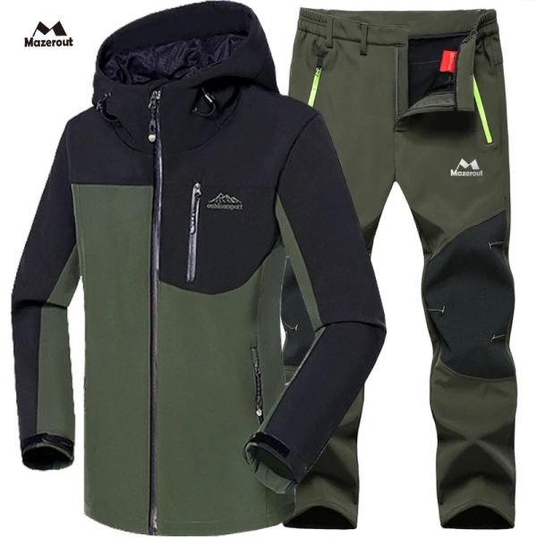 Ternos masculinos de inverno, à prova d'água, peixe, esqui, quente, softshell, lã, caminhadas ao ar livre, jaquetas, acampamento, conjunto de calças, escalada, calças grandes