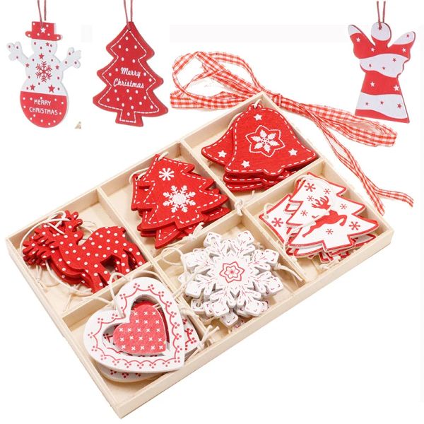 Artigianato 24pcs/set di decorazioni per alberi di Natale in legno 6 disegni x 4 pezzi ciondolo natalizio con scatola fai da te decorazione natalizia