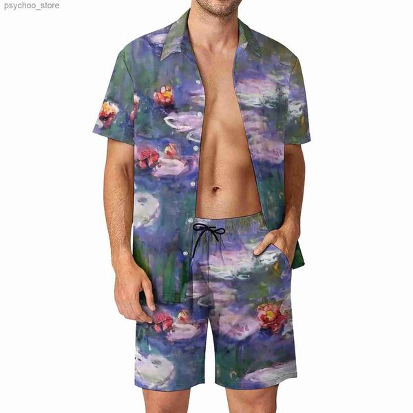 Erkeklerin izleri su zambak erkekleri claude monet 1916 gündelik şort plaj gömlek seti yaz moda tasarım seti kısa kollu büyük boy giyim q240314