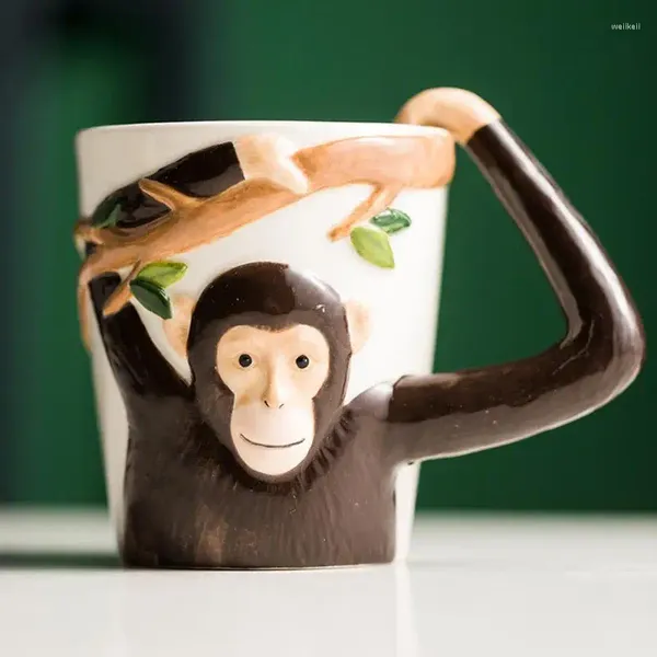 Canecas Forma de Macaco Criativo Xícara de Café Cerâmica com Alça 3D Bonito Caneca de Leite Animal Pintado à Mão Decoração de Casa Copos Presentes