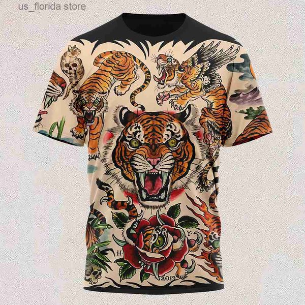 Homens camisetas Nova camiseta de cor cabeça de tigre curto-slved legal t-shirt em torno do pescoço 3d impresso casual camisa curta-slved roupas grandes y240321