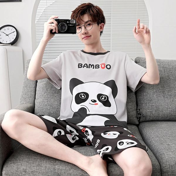 Verão homens pijamas conjunto adulto pijamas de algodão homewear dos desenhos animados panda coreano solto manga curta pijamas lazer loungewea 240313