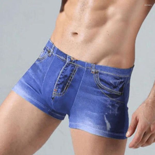 Cuecas masculinas roupa íntima jeans padrão falso jeans estampa cuecas boxer de algodão