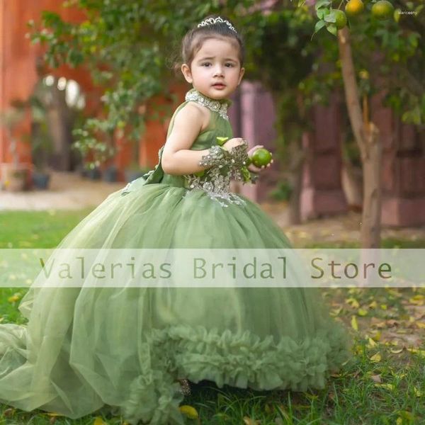 Kız Elbise Yeşil Çiçek Kızlar Elbise Tül Yay Beyaz Aplikes Düğün Prenses Doğum Günü Partisi Robe İlk Cemaat Prom Balo Vestidos Para