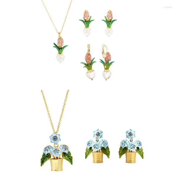 Halskette Ohrringe Set Blumentopf Blumen Hyazinthe Schmuck für Frau 2024 Trend