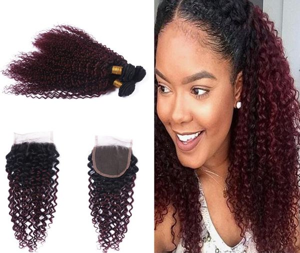 Raízes escuras 1B 99J Cabelo cacheado crespo tece com fechamento de renda Ombre Cor Vinho Tinto 99j Cabelo cacheado 3 pacotes com fechamento 4x41207857