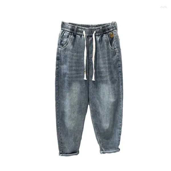 Jeans masculinos moda lavagem em linha reta solto cordão baggy adolescentes ferro cortado harlan calças casuais magro ajuste denim calças