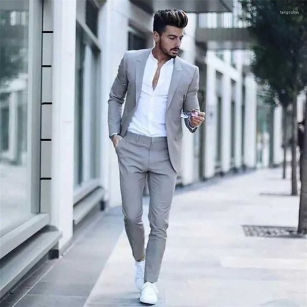 Ternos masculinos blazers moda casual cinza claro para conjuntos de ajuste fino formal casamento noivo baile smoking masculino calças de negócios 704a