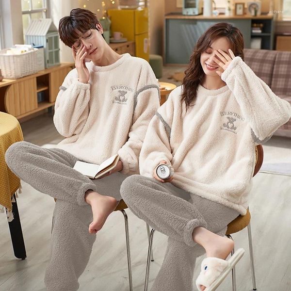 Мужская одежда для сна 2024, зимняя толстая Тедди, термобархатный пижамный комплект для пар, любителей корейского стиля, пуловер для мужчин и женщин, пижамы, домашняя одежда