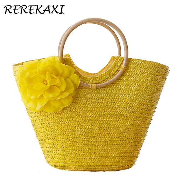 Летняя пляжная сумка с цветком и пшеничным плетением, женская сумка, богемная вязаная соломенная сумка, большая вместительная женская сумка с ручкой сверху 240221