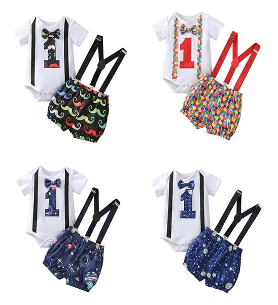 Летний комплект одежды для дня рождения 1 года для маленьких мальчиков, комбинезон, шорты на подтяжках, наряды для новорожденных 1-го джентльмена M35593039559