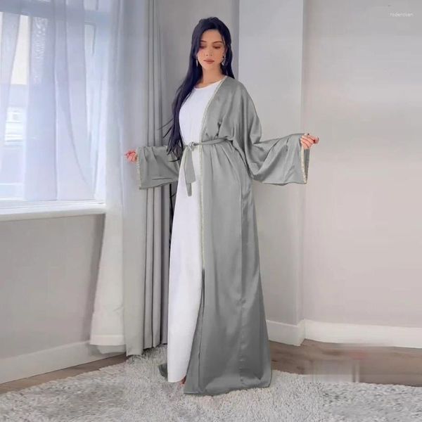 Abbigliamento etnico Dubai Abaya di lusso per gonna lunga con diamanti marocchini Moderna moda in raso con piume solide manica musulmana MQ058