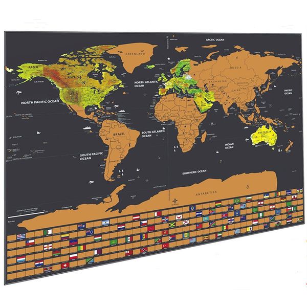 Mapa de rascunho grande de luxo para viagens - Mapa mundi de rascunho personalizado com revestimento de camada de folha metálica - Mapa de rascunho de pôster de arte de parede com bandeira nacional - Transporte direto