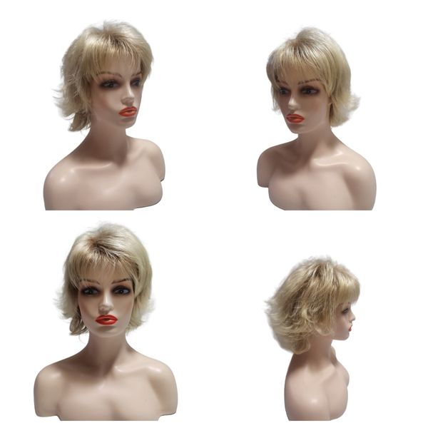 Kurze blonde Midlife-Perücken für Damen, natürlich lockeres hellblondes Haar mit Elfenschnitt, nach oben gedreht