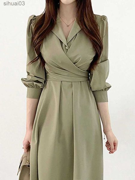 Grundlegende Freizeitkleider, langes Kleid für Damen, 2024, neu in Koreanisch, elegant, Polokragen, Kreuz, Schnürung, Taille, umwickelt, Blasenärmel, Hemdkleid, Damenbekleidung, L2403