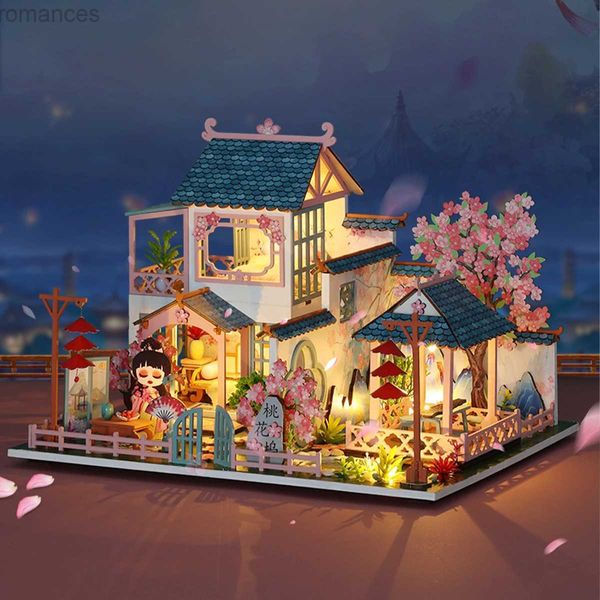 3D-Puzzles DIY hölzernes Puppenhaus Pfirsichblütenhaus Miniatur mit Möbelsatz Bauen Sie Spielzeug für Kinder Mädchen Erwachsene Geburtstagsgeschenk Casa 240314 auf