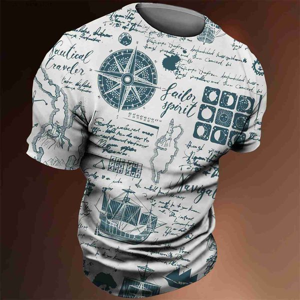 Homens camisetas 3D Impressão Náutica T-shirt Homens Bússola Padrão Tops Redondo Pescoço Ts Oversized Moletom Cool Strtwear Roupas de Moda Baratas Y240314