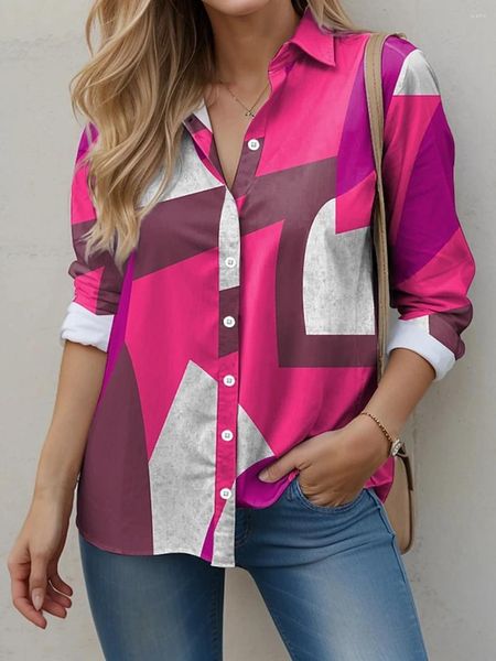 Camicette da donna 2024 Camicia Camicetta Geometria Rosso Blu Stampa Bottoni Manica lunga Colletto moda casual Vestibilità Primavera Autunno Eleganza Top