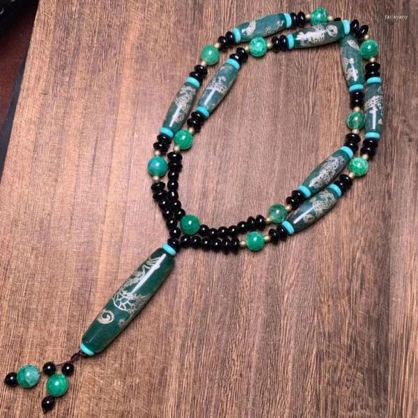 Filo tibetano di agata verde con scaglie di drago smaltate con cinque perle tibetane, collana con catena etnica per maglione, ornamento da appendere