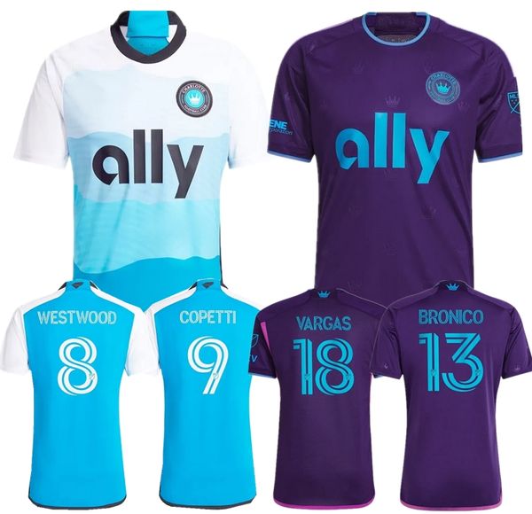 MLS Charlotte FC Camisas de futebol Homem Major League 23/24 Camisa de futebol masculina Home Branco Azul Carolina Fora Roxo Crown Jewel COPETTI DEJAEGERE VARGAS