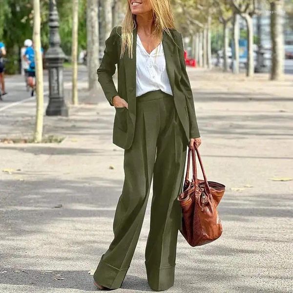 Calças femininas de duas peças senhoras elegante manga comprida blazer jaqueta e ternos moda simples commuting outfit casual streetwear conjunto sólido