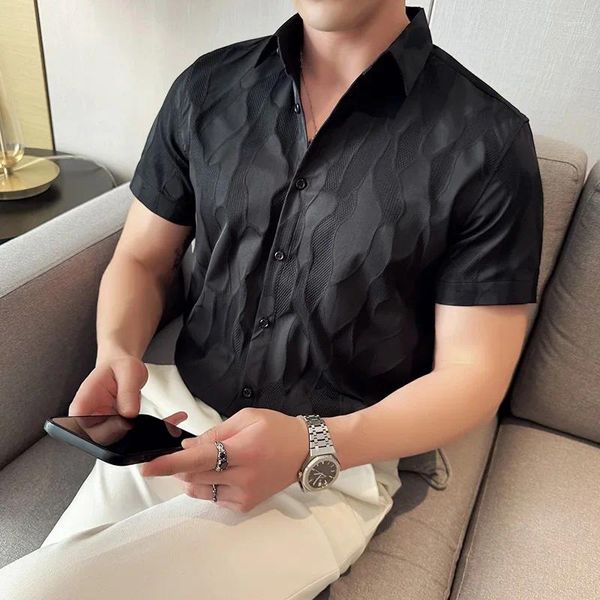 Camisas de vestido masculinas casual impresso solto preto manga curta tops moda estilo coreano rua 2024 4xl-m