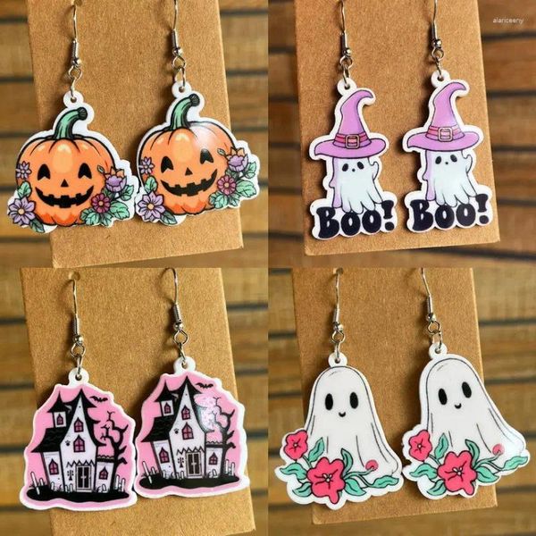 Baumeln Ohrringe Blume Kürbis Schädel Geist Fledermaus Dunkelheit Schloss Weiß Acryl Für Frauen Kreative Halloween Schmuck Großhandel