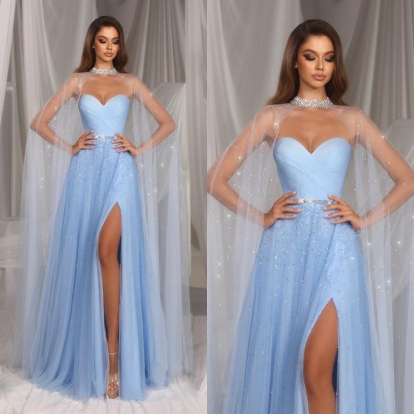 Babyblaue Abendkleider in A-Linie, elegant, mit herzförmigem Umhang, Ballkleid mit Perlen, vorne geschlitzt, formell, lang, aus Tüll, für besondere Anlässe