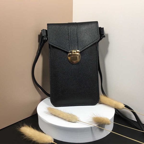 Bolsa feminina de couro pu com corpo cruzado, bolsa para celular com tela sensível ao toque, fivela escolar