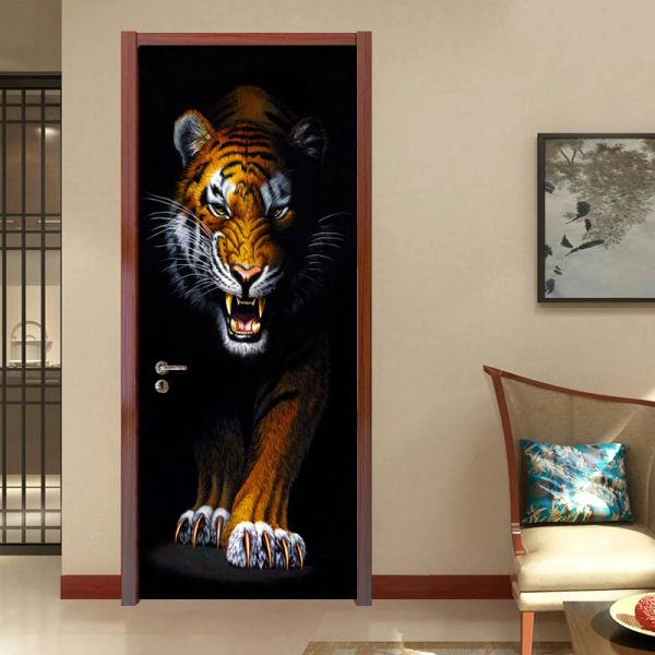 Adesivos decoração de casa porta adesivo 3d estéreo tigre animal papel parede sala estar quarto cozinha à prova dwaterproof água vinil porta mural pasta