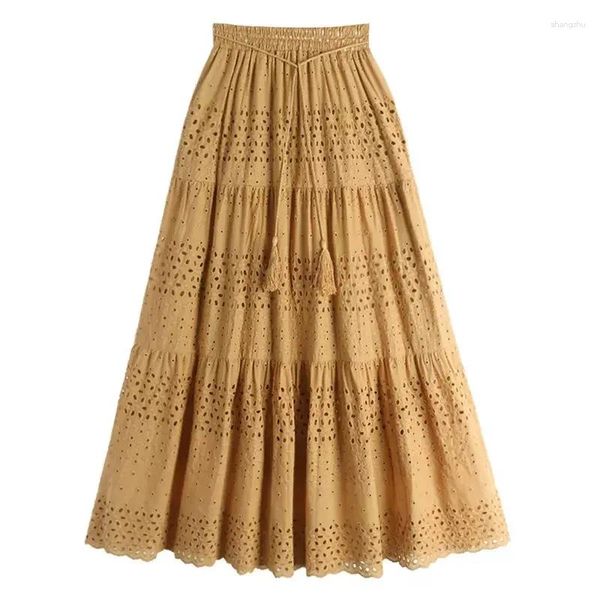 Saias Crochet Hollow Out Lace Midi Saia Longa Mulheres 2024 Verão Coreano Elegante Cinto Sólido Cintura Alta Mid-Comprimento Feminino P425