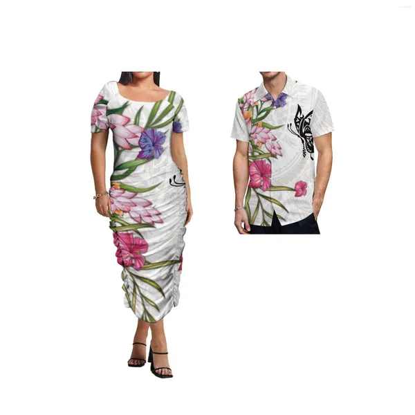 Partykleider 2024 Stil Benutzerdefinierte Quadratischer Kragen Samoa Puletasi Kleid Ptaha Damen Match Männer Hemden Polynesische Paare Kleidung