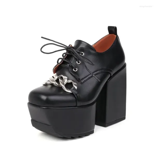 Модельные туфли Женские туфли на платформе со шнуровкой на толстом каблуке Роскошные высокие каблуки с металлической цепочкой и квадратным носком в романском стиле