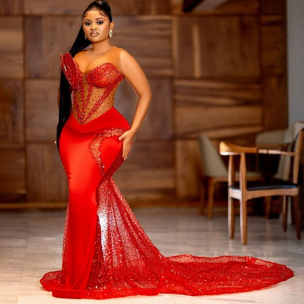 2024 Red Promdress Red Promdress Vestidos de baile para mulheres negras Mermaid Vestidos de noite para ocasiões especiais Vestido de noivado de aniversário de renda de lantejoulas de lantejoulas AM521