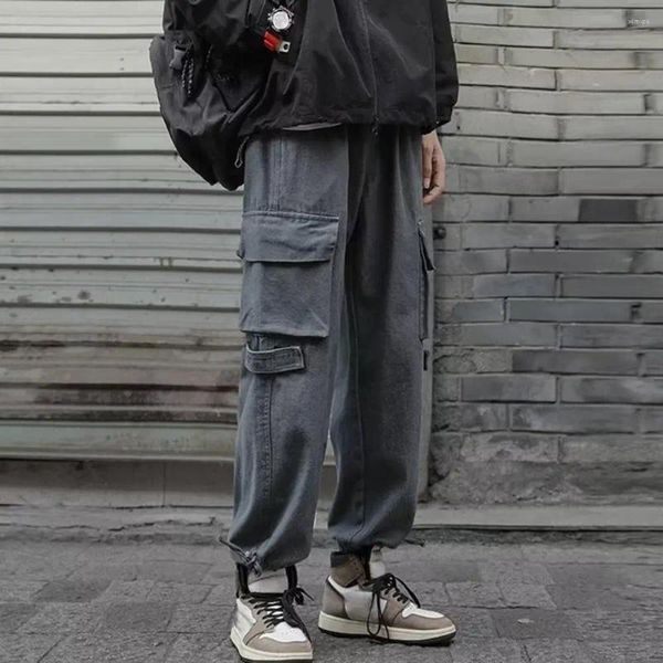 Мужские брюки-карго с несколькими карманами, свободные, с глубокой промежностью, однотонные, с ремешком на щиколотке, в стиле ретро, мягкая дышащая уличная одежда со средней талией, длинные брюки