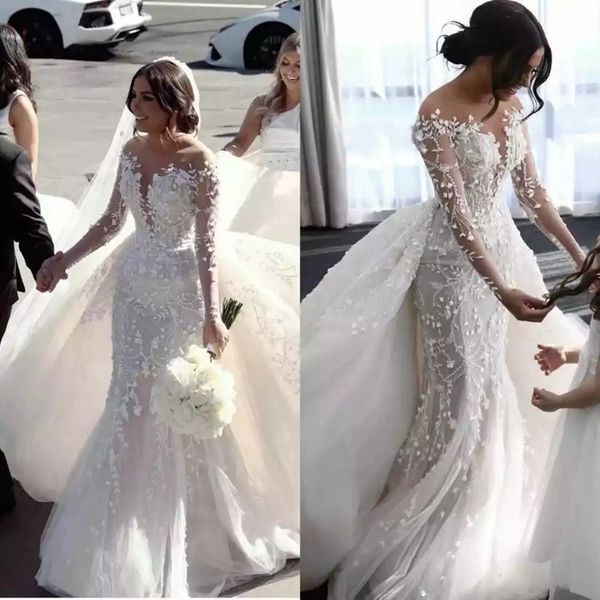 Vestido de casamento de luxo cristal frisado renda sereia vestidos de noiva com trem destacável mangas compridas elegante noiva wear 2024