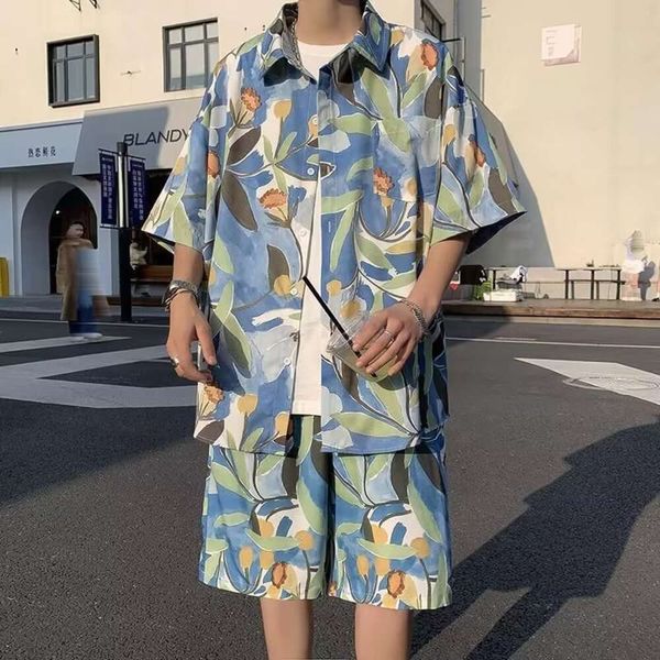 Designer terno gelo seda flor camisa mens manga curta vestido de verão pippy e bonito havaí férias lazer praia conjunto b4ht