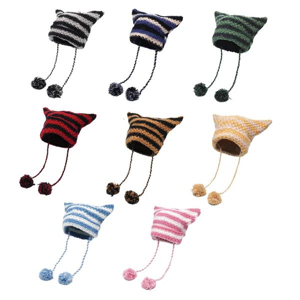 Japanische Y2K süße schwarz weiß gestreifte Katzenohren Wollmütze Damen Herbst Winter Warm Kleiner Teufel Hängender Ball Gestrickte Beanie Mütze 240314