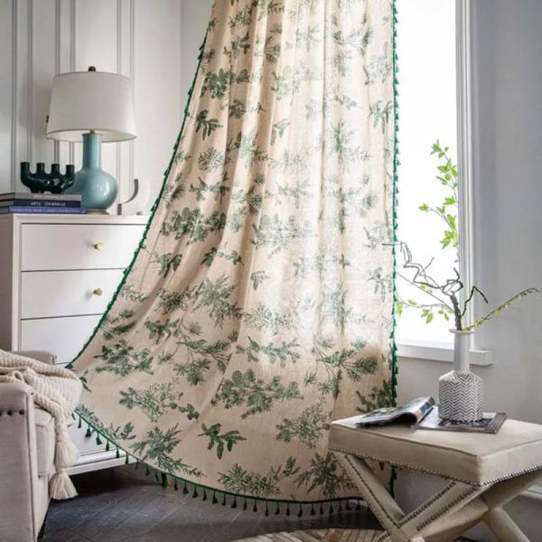 Cortinas folhas verdes algodão linho cortina para sala de estar com borla janela haste bolsos porta armário valance decoração do quarto 240