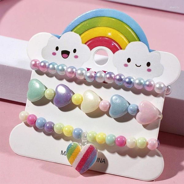 Set di braccialetti per bambini con perline acriliche a forma di cuore da 3 pezzi/set. Regalo per braccialetti per ragazze