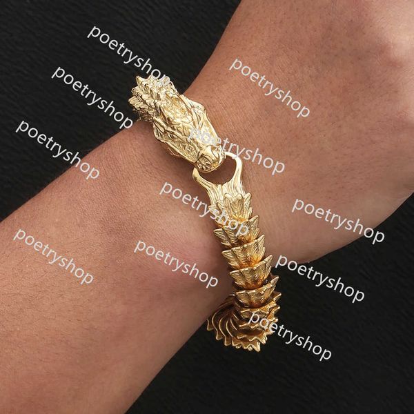 Bracciale rigido a catena con corpo a forma di drago animale gotico per uomo Braccialetti da uomo in oro giallo massiccio 14k Accessori per gioielli da polso a portata di mano Vintage