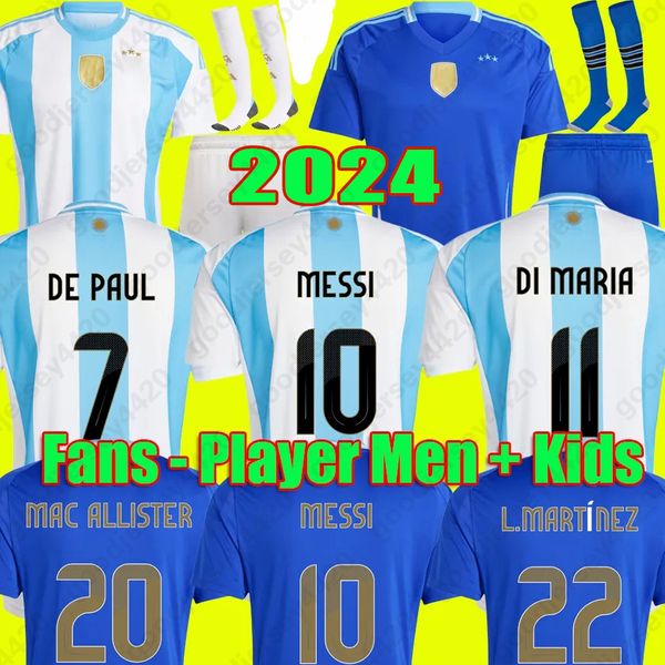 2024 Argentina Futebol Jerseys MESSIS Otamendi DE PAUL Argentina Seleção Nacional Copa DYBALA MARTINEZ KUN AGUERO Maradona Camisas de futebol 24 25 Homens DI Maria Kids Kits