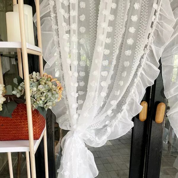 Cortinas 3d branco pompom bordado tule moderno listrado cortinas para sala de estar plissado design translúcido voile janela