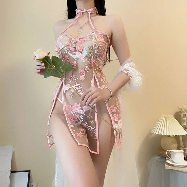 AV Schauspielerin Nachtwäsche Retro Translucent Cheongsam Anzug Spitze Stickerei Sexy Erotische Dessous Sex Kleidung Anime Cosplay Unterwäsche 240311