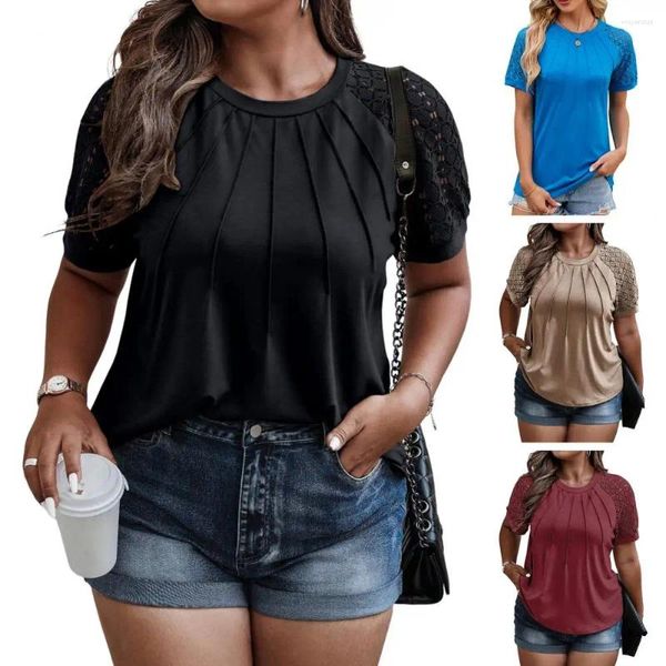 Blusas femininas malha renda manga superior feminino fino ajuste elegante verão topos plissado o-pescoço camiseta com detalhes para um